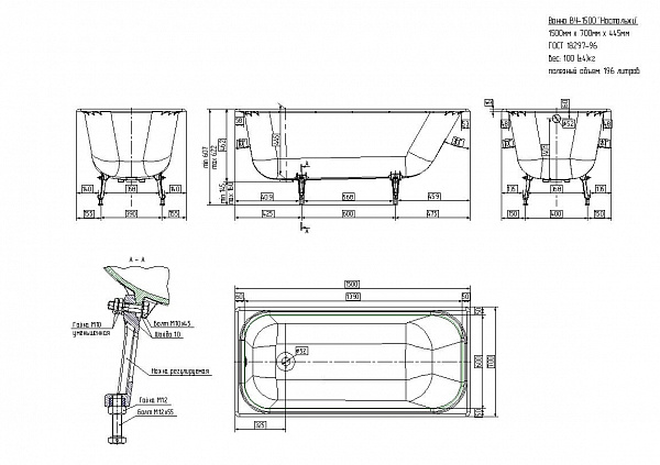 Чугунная ванна Ностальжи 150X70 с отверстиями под ручки, Универсал