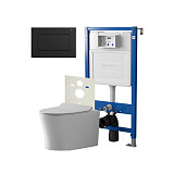 Сет: Система инсталляции Point Элемент для подвесного унитаза PN45120 + Клавиша смыва для инсталляции Point Ника, черная матовая, PN44081BM + Унитаз подвесной Point Вега безободковый, сиденье микролифт PN41711