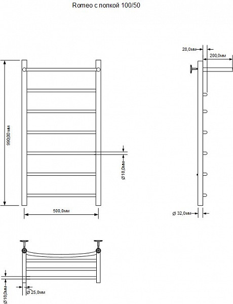 Полотенцесушитель электрический Aquanet Romeo 100х50 Тэн справа, с полкой 00281992