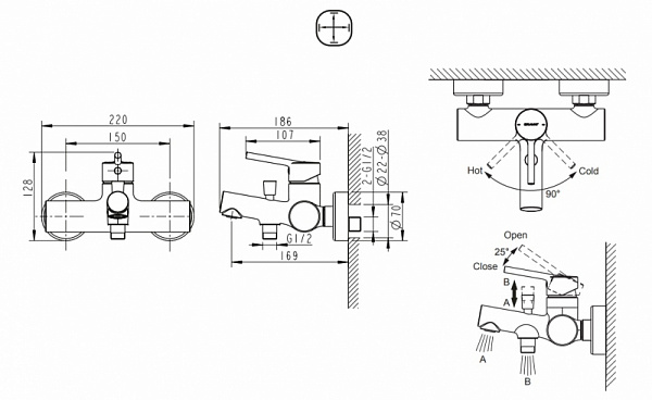 Смеситель для ванны c коротким изливом Bravat Palace F6172217CP-01-RUS