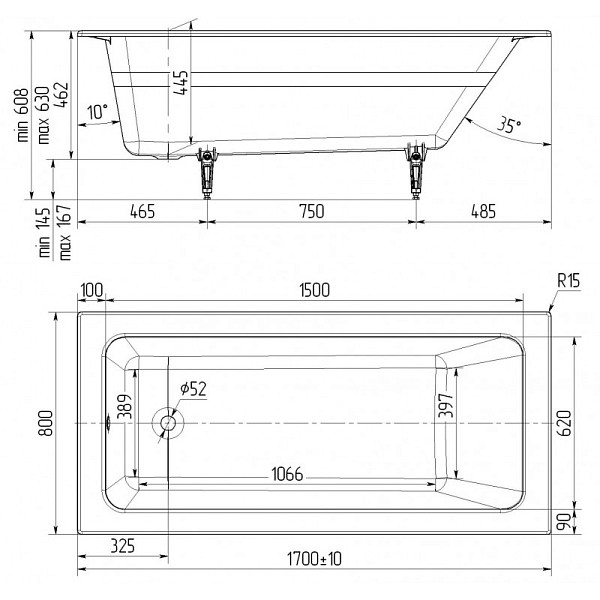 Чугунная ванна Универсал Оптима 170х80