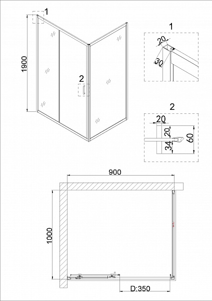 Душ.ограждение NG-42-9AG-A100G (90*100*190) прямоугольник, дверь раздвижная, 2 места