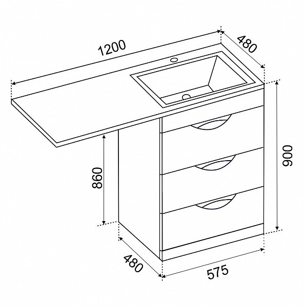 Тумба МИЛЛИ 1100 с 3 ящиками к умывальнику Камила 1100 над стиральной машиной