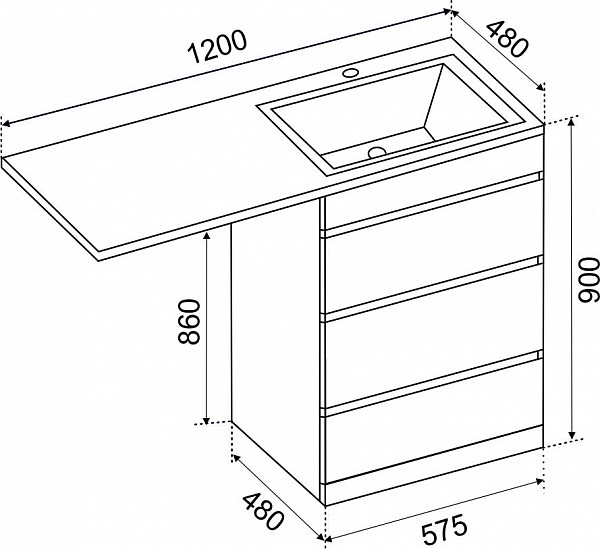 Тумба ДЖЕРСИ к умывальнику Камилла 1200 над стиральной машиной, 3 ящика