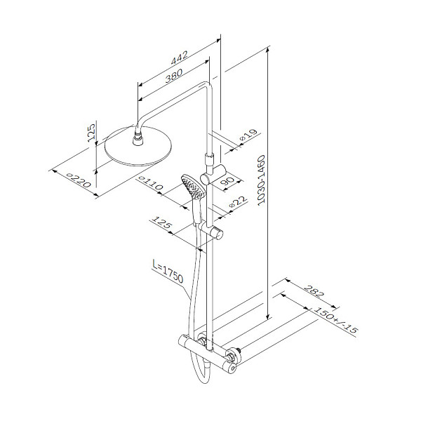 F0790410 Gem душ.система, набор: смеситель д/душа с термостатом, верхн. душ d 220 мм, ручн.душ 1 ф-ц