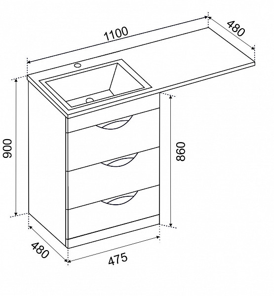 Тумба МИЛЛИ 1100 с 3 ящиками к умывальнику Камила 1100 над стиральной машиной