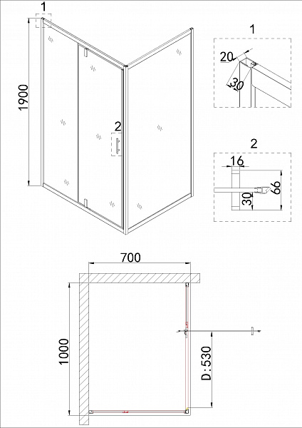 Душ.ограждение NG-43-10AG-A70G (100*70*190) прямоугольник, дверь распашная, 2 места
