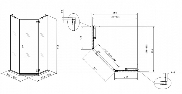Душевое ограждение "KOLLER POOL" NEON N90PС 900x900x1950 прозрачное Transparent  8мм CALC FREE хром