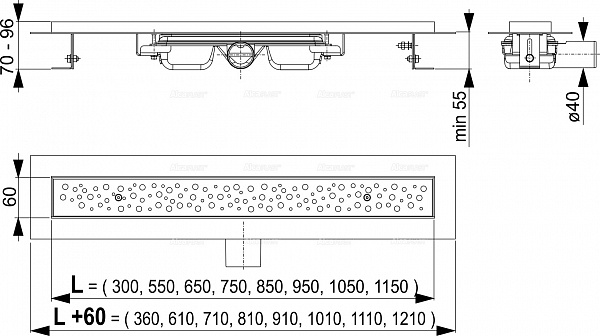 Душевой лоток AlcaPlast с решеткой Антивандал APZ111-1050 Low Водоотводящий желоб с решеткой
