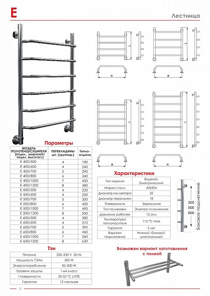 Полотенцесушитель электрический Металлоизделия E 50х60 ТЭН левый
