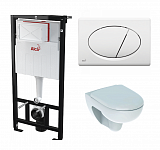 Комплект Инсталляция для унитазов AlcaPlast Sadromodul AM101/1120 + Унитаз подвесной Geberit Renova 500.801.00.1 безободковый с сиденьем микролифт + Клавиша смыва AlcaPlast M70 белая