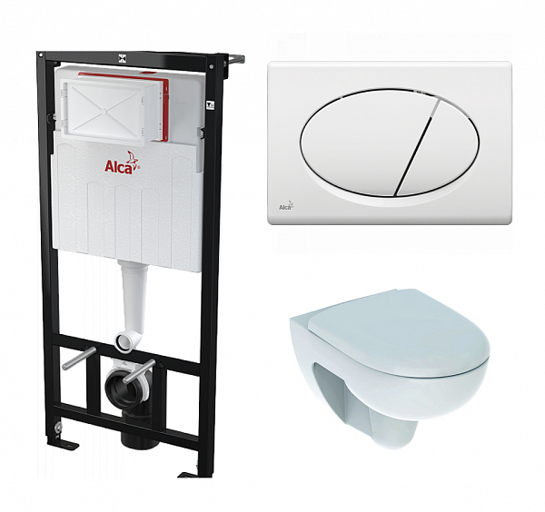 Комплект Инсталляция для унитазов AlcaPlast Sadromodul AM101/1120 + Унитаз подвесной Geberit Renova 500.801.00.1 безободковый с сиденьем микролифт + Клавиша смыва AlcaPlast M70 белая