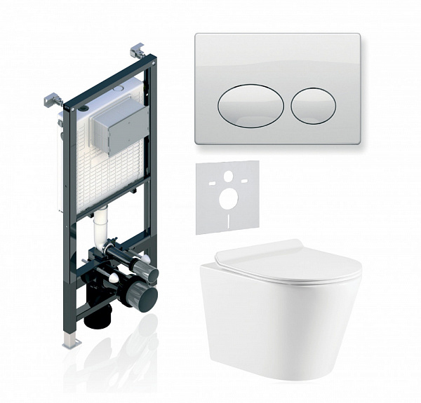 Комплект KOLLER POOL для монтажа  подвесного унитаза: Инсталляция Alcora ST 1200 с клавишей ROUND  White, Унитаз ORION Rimless, сиденье дюропласт: SoftClose, Take Off, антибактериальное покрытие, система «Антивсплеск»