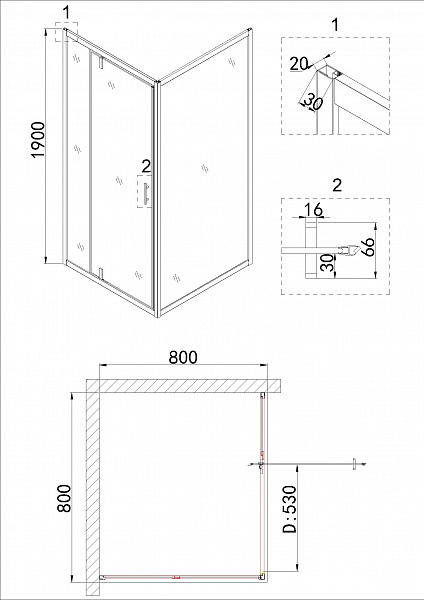 Душ.ограждение NG-83-8AB-A80B (80*80*190) квадрат, дверь распашная, 2 места