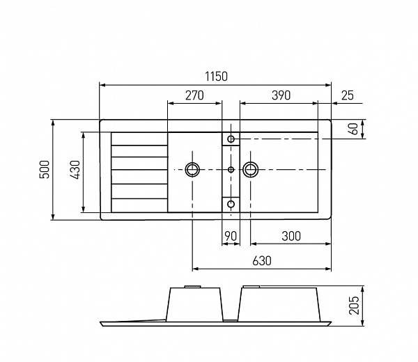 Мойка для кухни Aquaton Торина прямоугольная с крылом и дополнительной чашей кофе 1A712032TR280