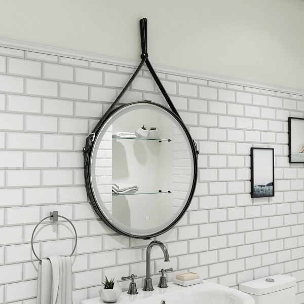 Зеркало Континент "Millenium Black Led" D 650 на ремне из натуральной кожи черного цвета