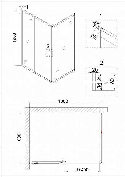 Душ.ограждение NG-42-10AG-A80G (100*80*190) прямоугольник, дверь раздвижная, 2 места