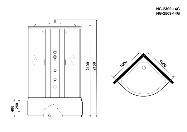 Душ.каб. NG-2509-14G (1000х1000х2150) высокий поддон(40см) стекло ТОНИРОВАННОЕ 4 места