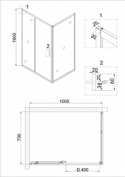Душ.ограждение NG-42-10AG-A70G (100*70*190) прямоугольник, дверь раздвижная, 2 места