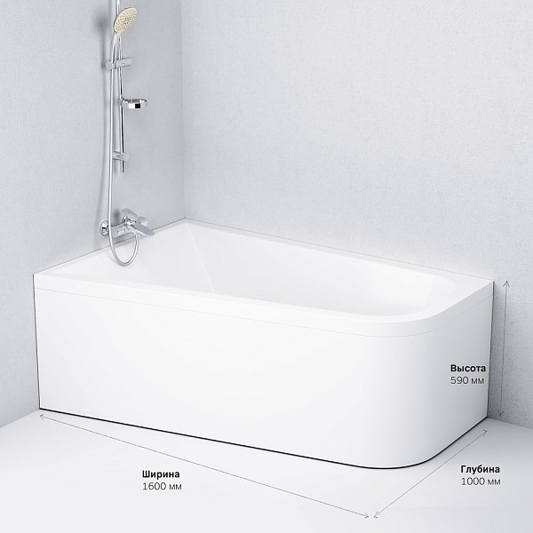 W72A-160L100W-A2 Ванна акриловая spirit  ассиметричная 160x100, без слива/перелива, левосторонняя