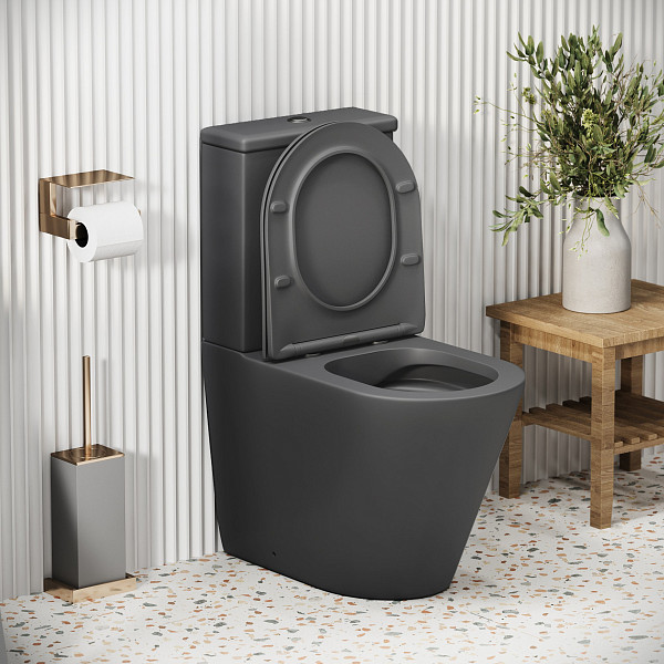 Унитаз GR-4480GMS Color (620*365*810) СЕРЫЙ МАТОВЫЙ напольный БЕЗОБОДКОВЫЙ с тонкой крышкой, 2 места