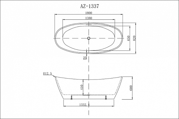 Ванна акриловая Azario EASTON 1800x820x600 мм., белая, свободностоящая, в комплекте с сифоном и металлической рамой