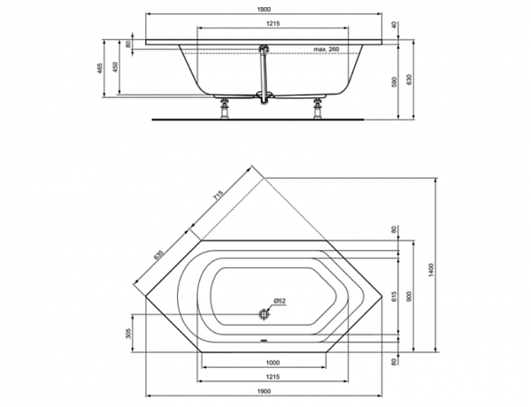 Акриловая ванна Ideal Standard Hotline K275501 190x90 шестиугольная