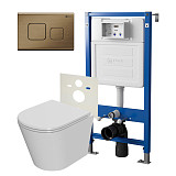 Сет: Система инсталляции Point Элемент для подвесного унитаза PN45120 + Клавиша смыва для инсталляции Point Афина, бронза брашированная, PN44041BB + Унитаз подвесной Point Виктория безободковый, сиденье микролифт PN41061