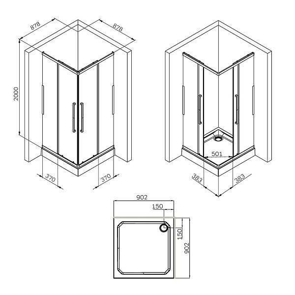 W84G-403-9090-BТ Душевое ограждение Func Square Slide 90х90, черный, прозрачное