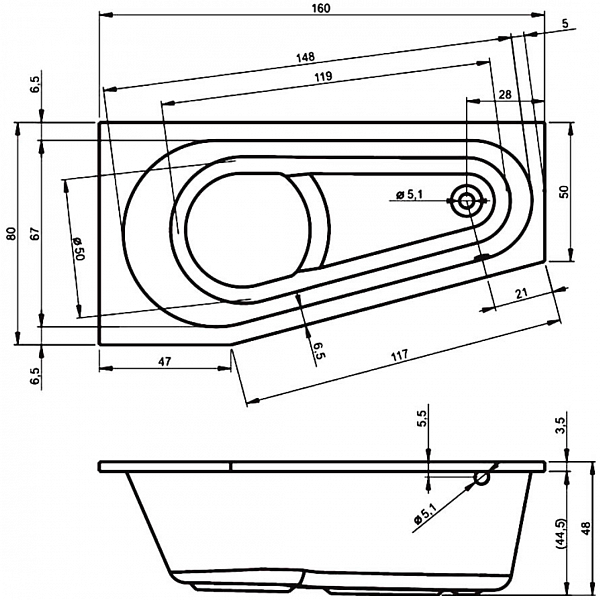Акриловая ванна Riho Delta 160х80 правая B068001005