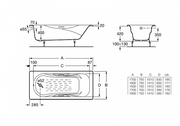 Чугунная ванна Roca Malibu 170х70 с отверстиями под ручки 2333G0000