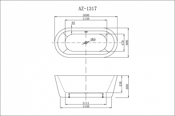 Ванна акриловая Azario BARLEY 1700x800x600 мм., белая, свободностоящая, в комплекте с сифоном и металлической рамой