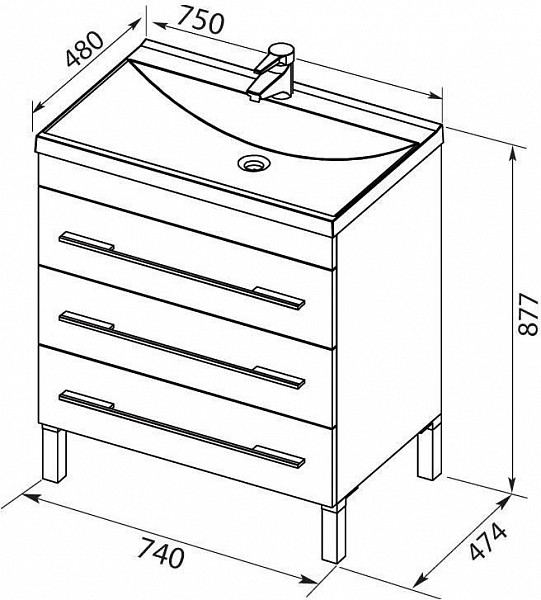 Тумба с раковиной Aquanet Верона 75 белый (напольная 3 ящика) 00287671