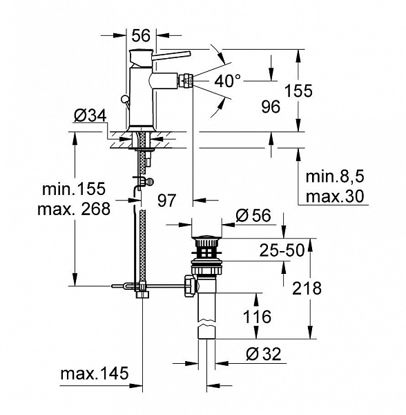 Смеситель для биде GROHE BauClassic с донным клапаном 32864000