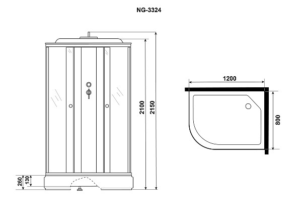 Душ.каб. NG-3324-14R (1200х800х2150) низкий поддон(26см) стекло МАТОВОЕ 4 места