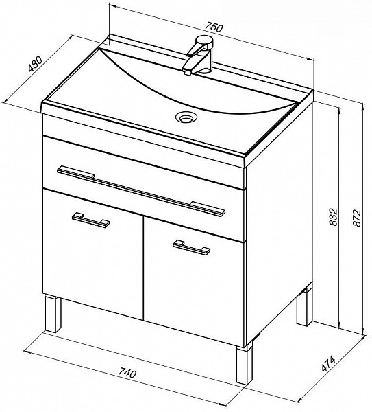 Тумба под раковину Aquanet Верона 75 белый (напольная 1 ящик 2 дверцы) 00182706