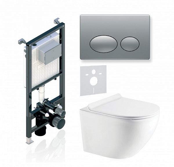 Комплект KOLLER POOL для монтажа  подвесного унитаза: Инсталляция Alcora ST 1200 с клавишей ROUND Matt Chrome, Унитаз ROUND Rimless, сиденье дюропласт: SoftClose, Take Off, антибактериальное покрытие, система «Антивсплеск»