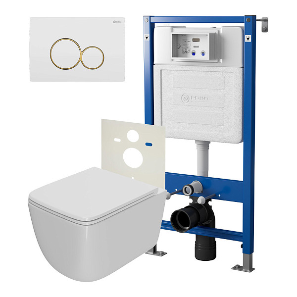 Сет: Система инсталляции Point Элемент для подвесного унитаза PN45120 + Клавиша смыва для инсталляции Point Виктория, белая/золото, PN44061WG + Унитаз подвесной Point Меркурий безободковый, сиденье дюропласт микролифт, быстросъем, белый PN41831