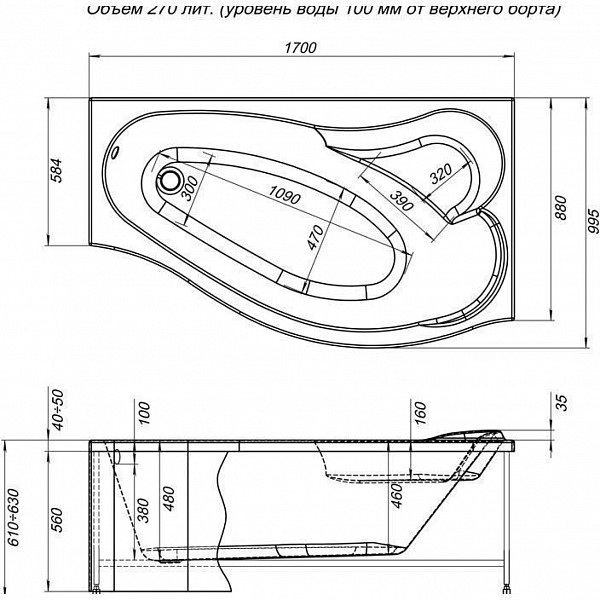 Акриловая ванна Aquanet Palma 170x90/60 R (с каркасом) 00205537