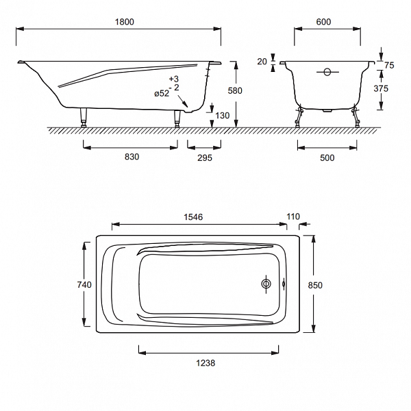 Чугунная ванна Jacob Delafon Repos 180x85 E2904-S-00 без антискольжения