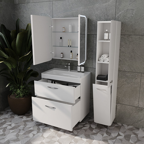 Тумба напольная Style line Каре 80, 2 ящика, Люкс белая, под раковину, PLUS