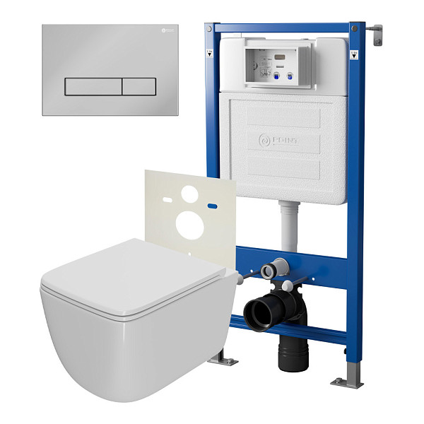 Сет: Система инсталляции Point Элемент для подвесного унитаза PN45120 + Клавиша смыва для инсталляции Point Меркурий, хром, PN44831C + Унитаз подвесной Point Меркурий безободковый, сиденье дюропласт микролифт, быстросъем, белый PN41831