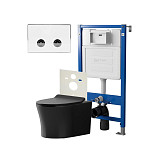 Сет: Система инсталляции пневматическая Point Элемент П для подвесного унитаза PN45121 + Клавиша смыва для пневматической инсталляции Point Венера, белый/хром, PN44071WC + Унитаз подвесной Point Вега безободковый, чёрн мат, PN41711BM