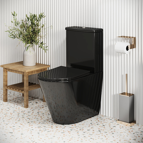 Унитаз GR-4480BS Color (620*365*810) ЧЕРНЫЙ напольный БЕЗОБОДКОВЫЙ с тонкой крышкой, 2 места