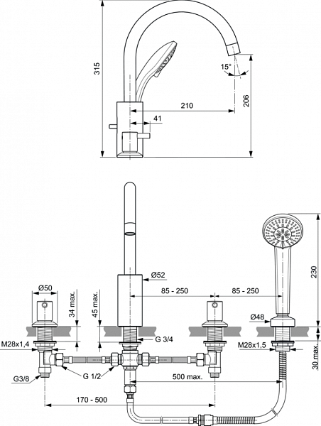 Смеситель Ideal Standard Ceraline BC198AA для ванны с душем
