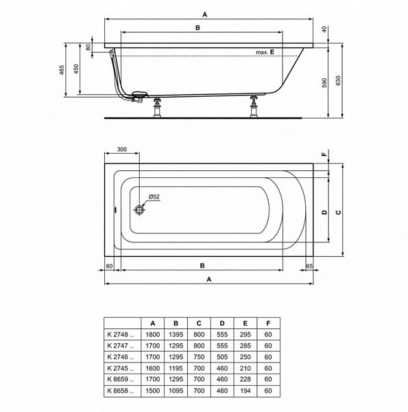 Акриловая ванна Ideal Standard Hotline K865801 150x70