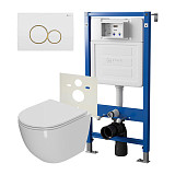 Сет: Система инсталляции Point Элемент для подвесного унитаза PN45120 + Клавиша смыва для инсталляции Point Виктория, белая/золото, PN44061WG + Унитаз подвесной Point Афина безободковый, сиденье микролифт PN41041