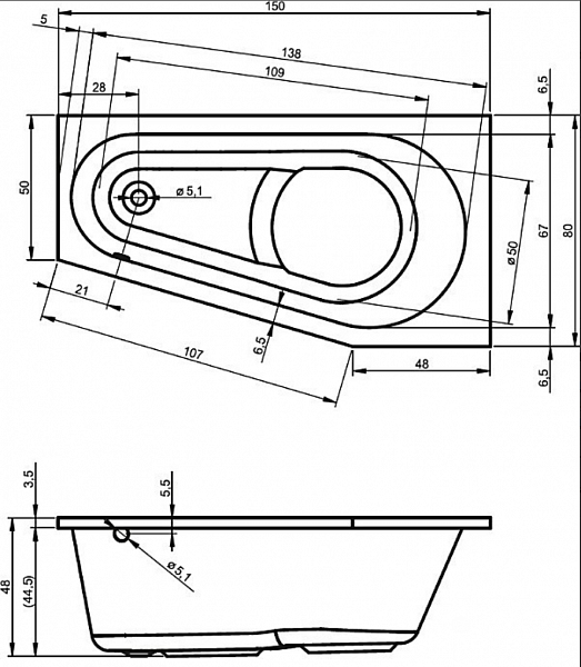 Акриловая ванна Riho DELTA PLUG & PLAY левая 150x80 B067007005