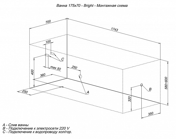 Акриловая ванна Aquanet Bright 175x70 (с каркасом) 00273795