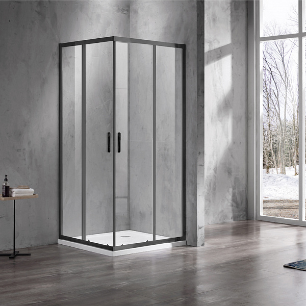 Душевое ограждение AZARIO 900х900х2000, БЕЗ ПОДДОНА (угловой вход, 2 двери), черный профиль